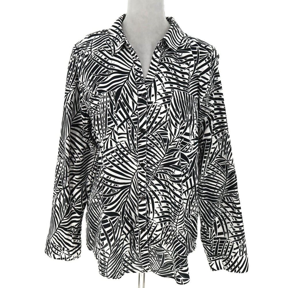 Chicos Top 3 Womens XL Black White Animal Print Cotton Shirt Blouse Mob Wife